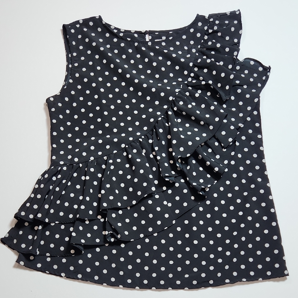 Crème Fraîche Black White Polka Dot Ruffle Blouse Women’s XL